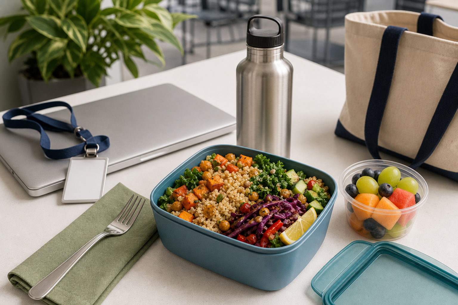 Office work lunch with vegan grain bowl, laptop, bottle, badge, and tote