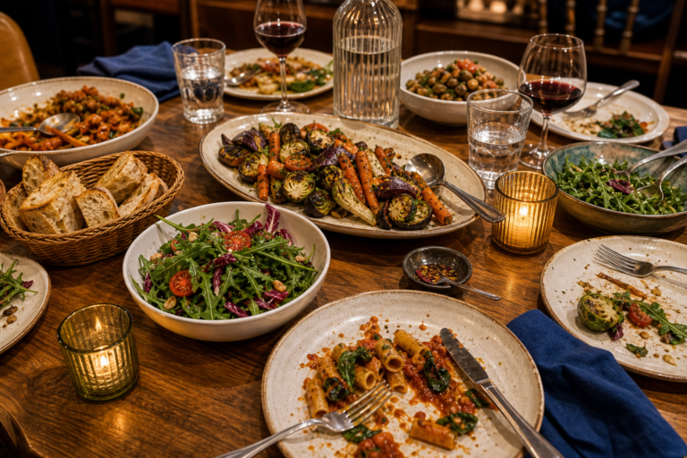 Restaurant team dinner table mid-meal with shared vegan dishes and glasses
