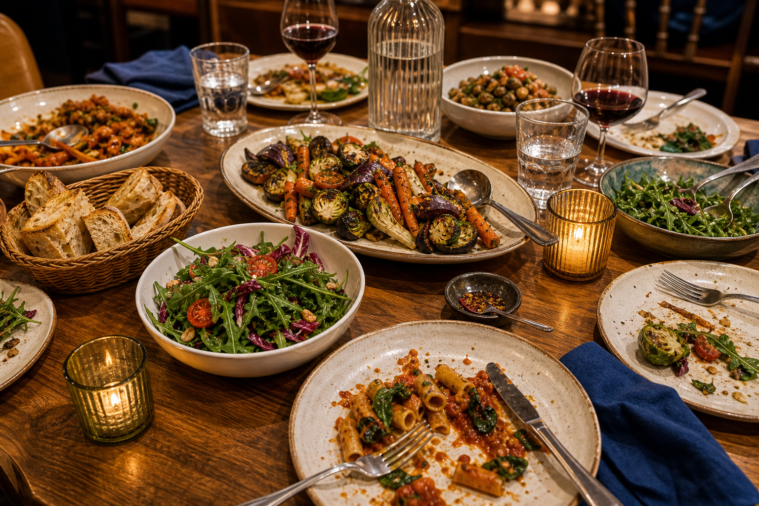 Restaurant team dinner table mid-meal with shared vegan dishes and glasses
