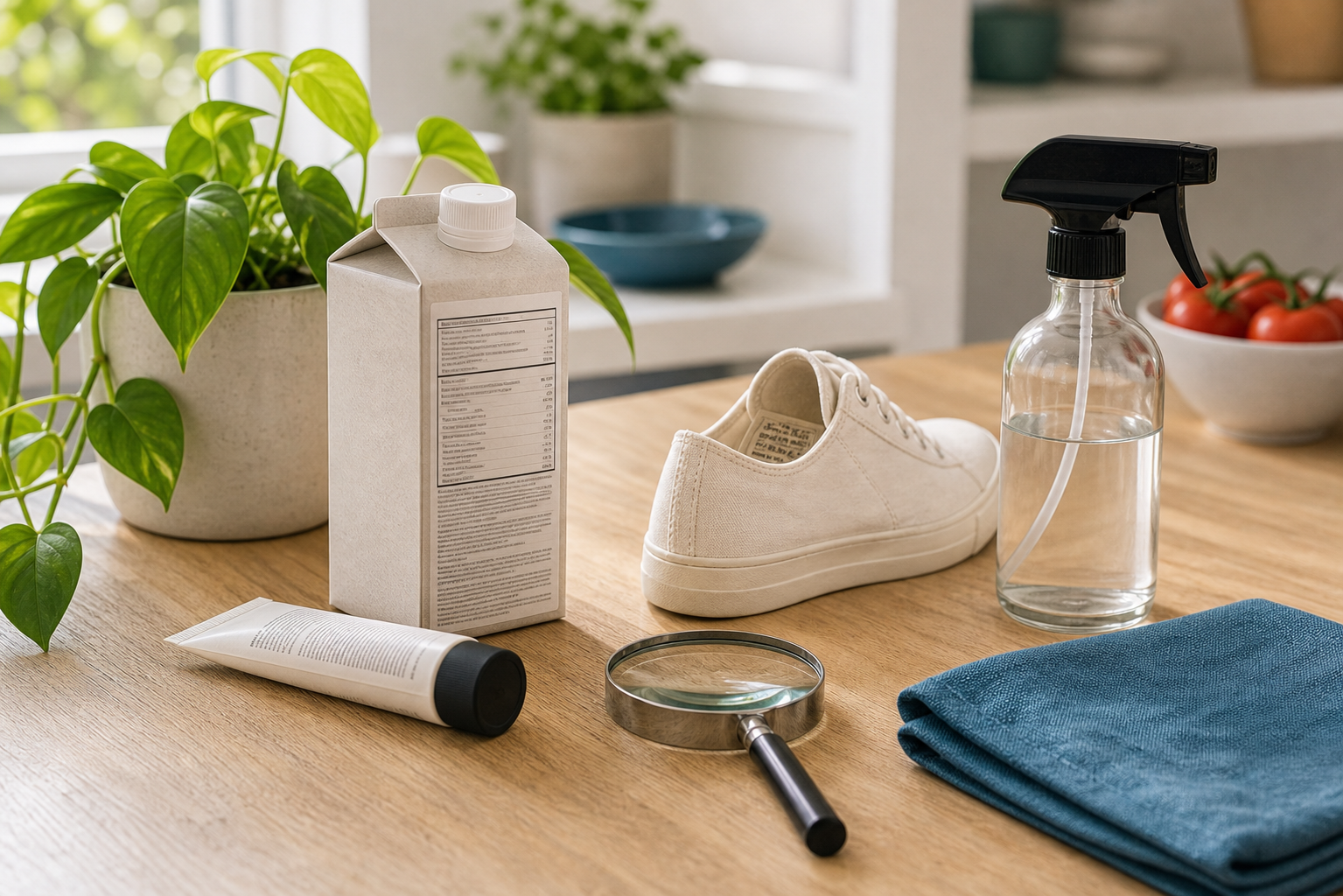 Bright product checking table with a package back label, canvas shoe, cleaner bottle, magnifying glass, blue cloth, and plant