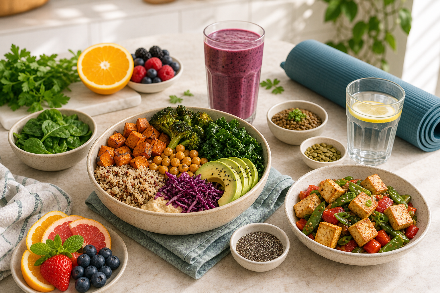 Colorful vegan body basics spread with grain bowl, smoothie, fruit, greens, tofu, water, and a rolled exercise mat