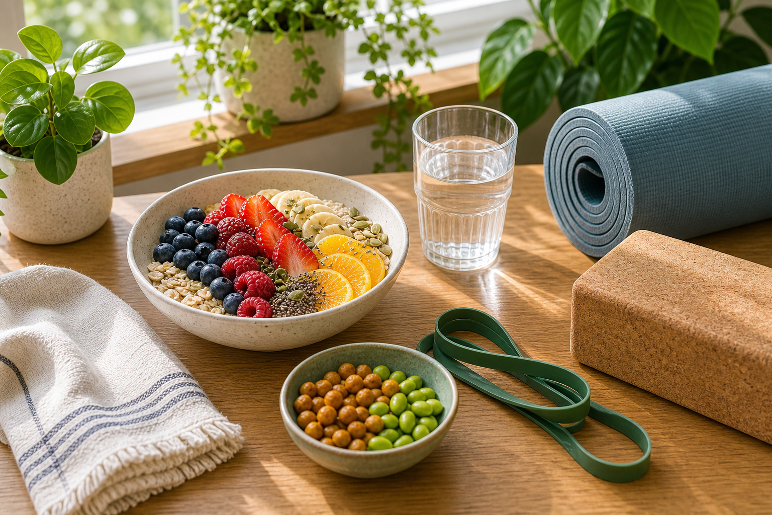 Sunny vegan body basics table with a colorful breakfast bowl, water, towel, cork yoga block, resistance band, and chickpeas