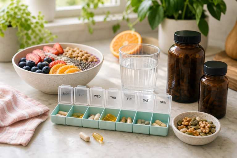 Bright supplement routine with pill organizer, glass of water, breakfast bowl, seeds, and label-free bottles
