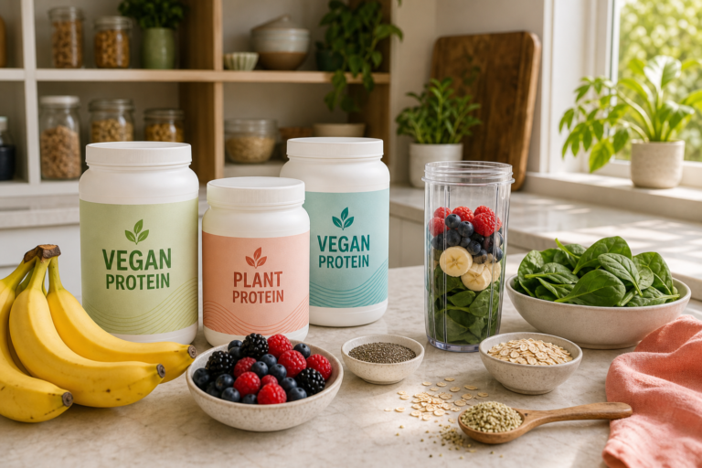 Simple vegan protein powder tubs with smoothie ingredients on a bright kitchen counter