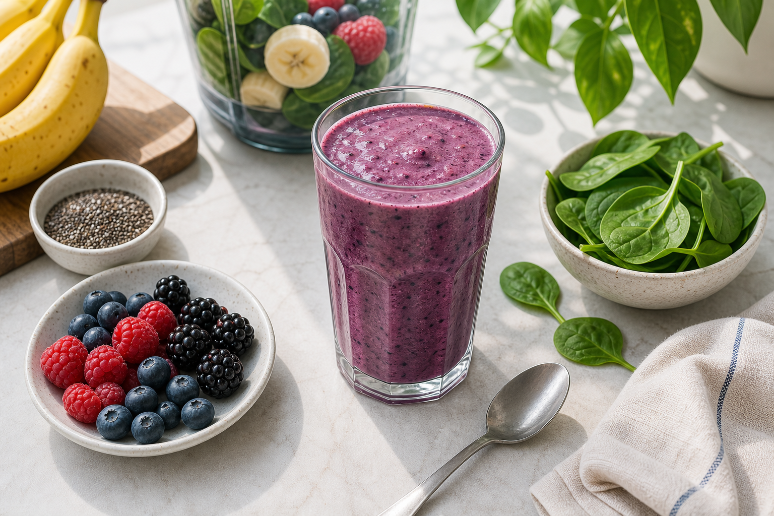 Berry smoothie with fruit, chia seeds, and spinach for a vegan protein powder routine