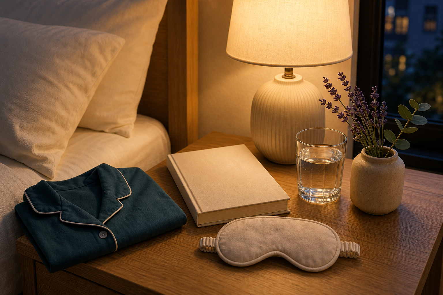 Evening bedside wind-down routine with water, pajamas, sleep mask, and a closed journal