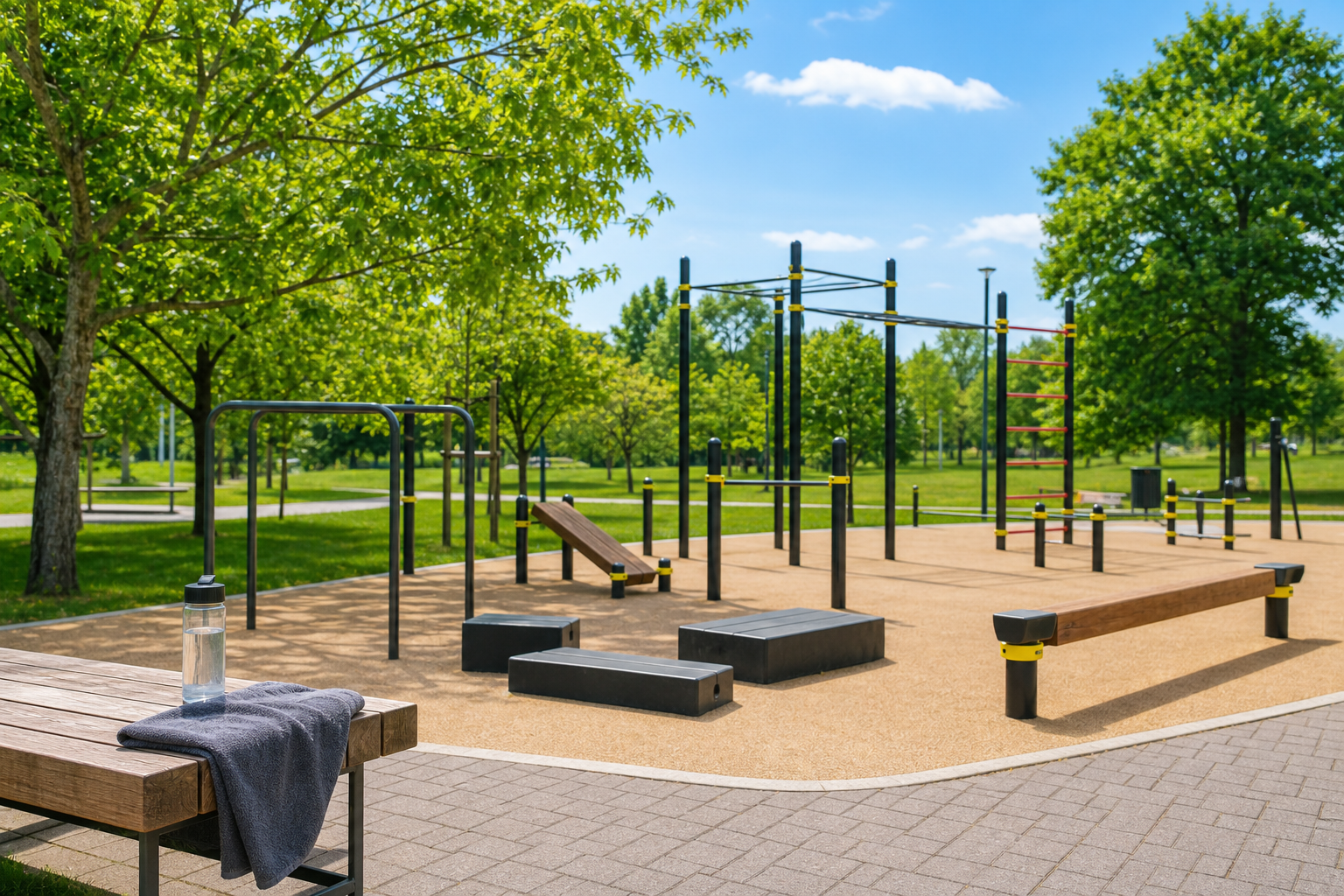 Sunny public park exercise area with parallel bars, step platforms, balance beam, pull-up bars, water bottle, and towel