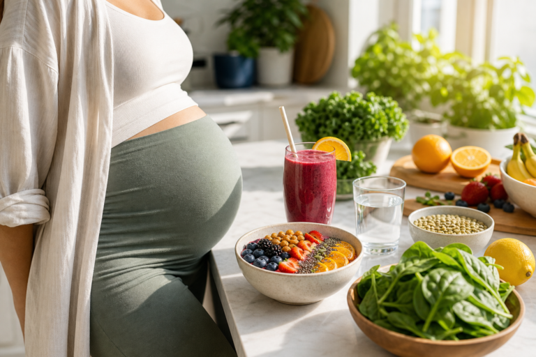 Pregnant adult at a sunny kitchen counter with a berry smoothie, vegan breakfast bowl, greens, citrus, beans, and water
