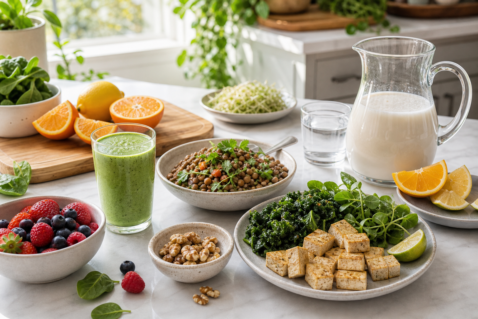 Bright vegan pregnancy food-planning counter with smoothie, lentils, tofu, leafy greens, citrus, berries, water, and seeds