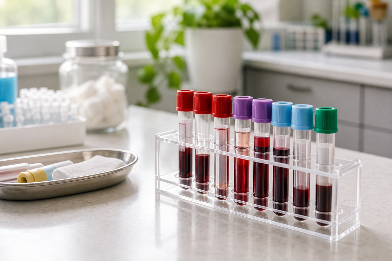 Blood sample tubes in a rack on a clean lab counter