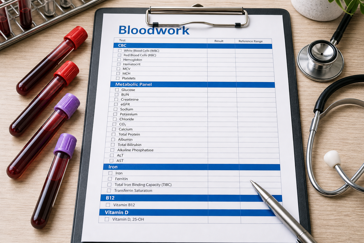 Bloodwork form on a clipboard with sealed blood sample tubes, pen, and stethoscope on a bright clinical desk