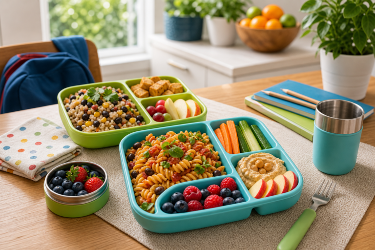 Bright school-age vegan lunch table with colorful divided plates, beans or tofu, vegetables, fruit, hummus, and reusable cup