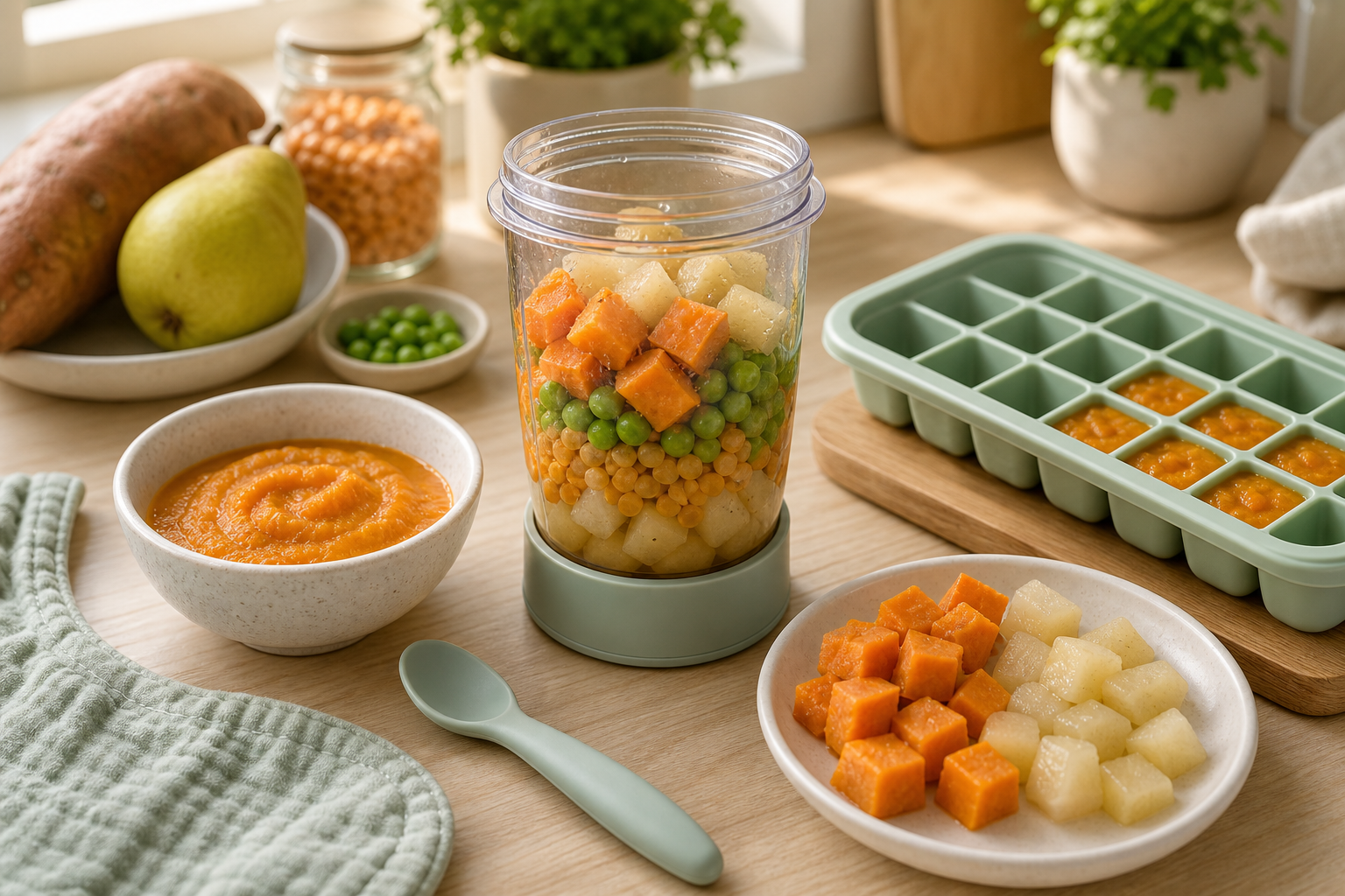 Sunny vegan baby food prep with cooked vegetables, lentils, smooth puree, silicone spoon, cloth bib, and freezer tray