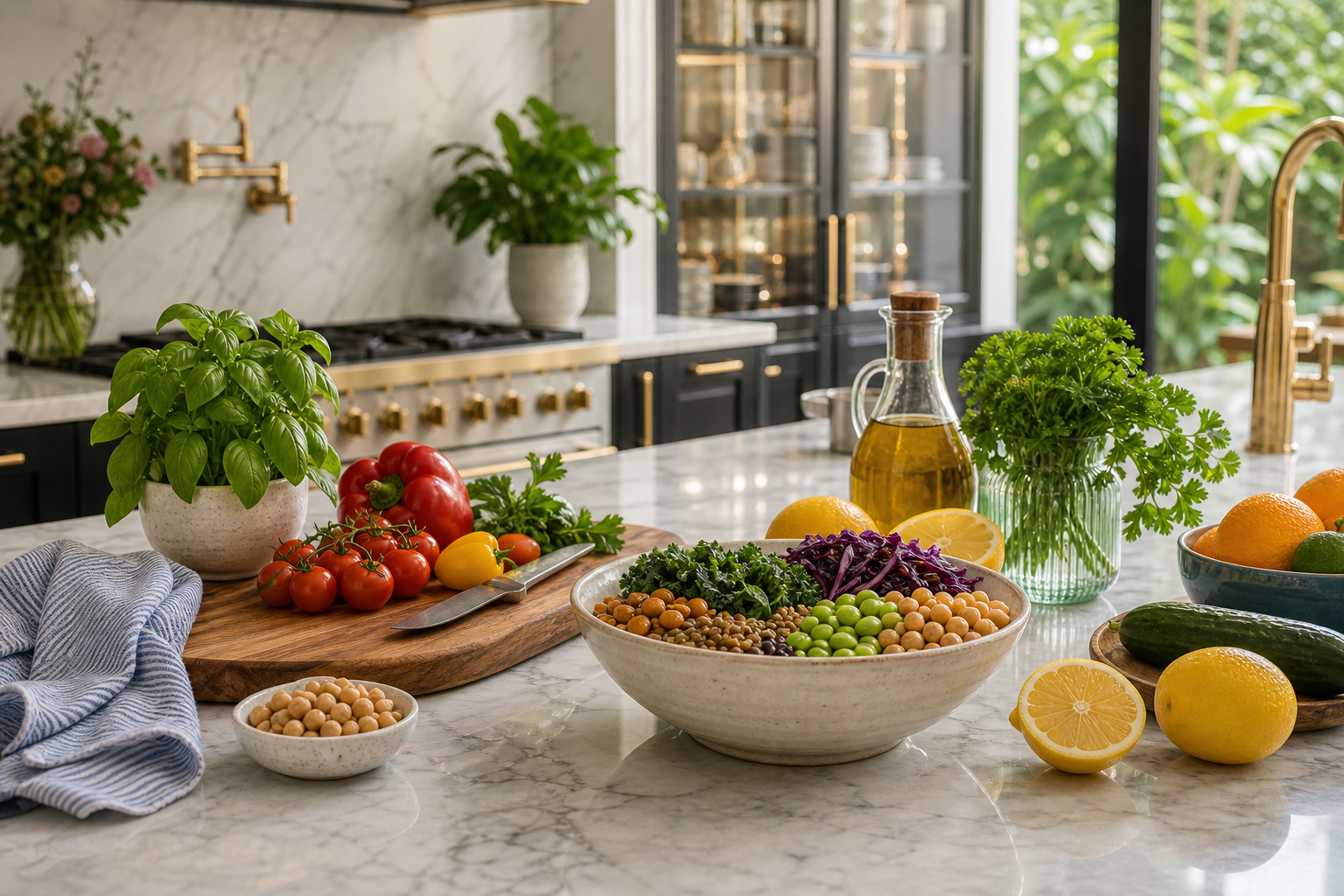Beautiful glamorous kitchen island with colorful vegan ingredients, herbs, citrus, beans, and polished kitchen tools