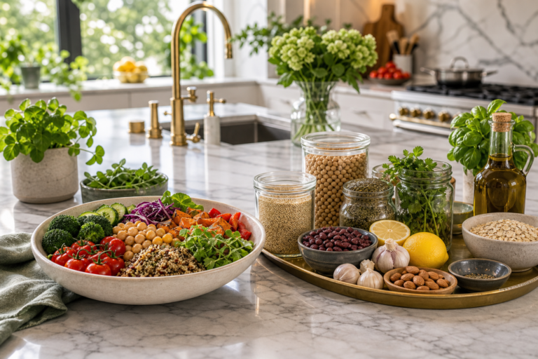 Elegant kitchen island with colorful vegan meal ingredients arranged for a thoughtful cooking decision