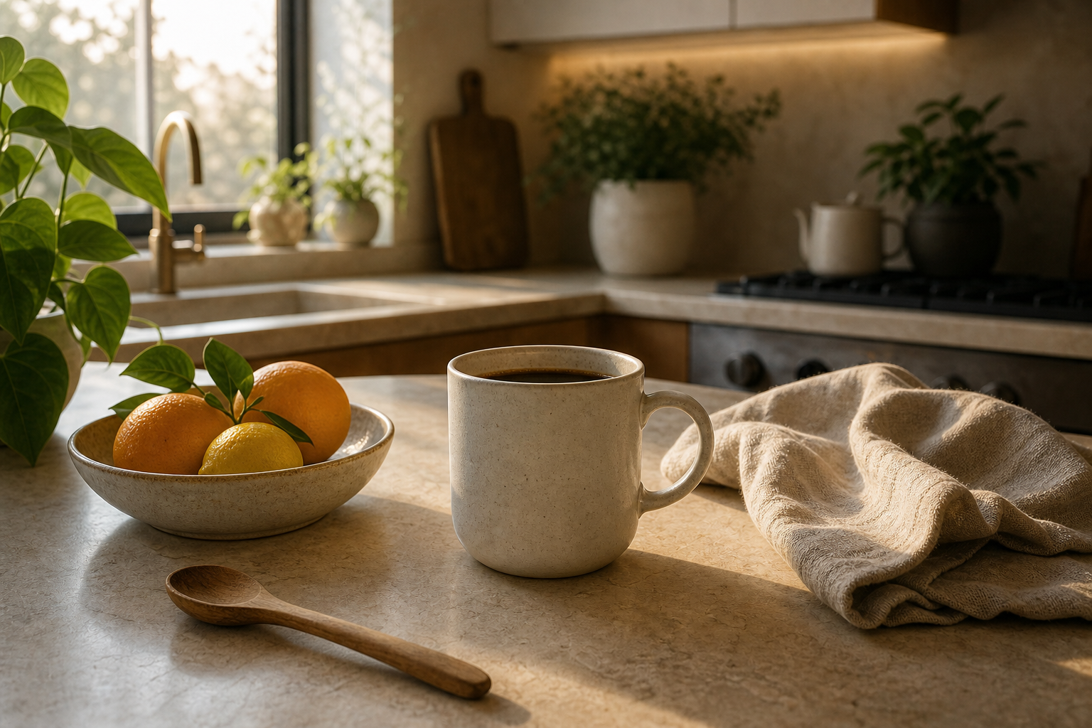Restorative dawn kitchen counter with a ceramic cup of coffee, folded linen towel, citrus bowl, plant, and wooden spoon