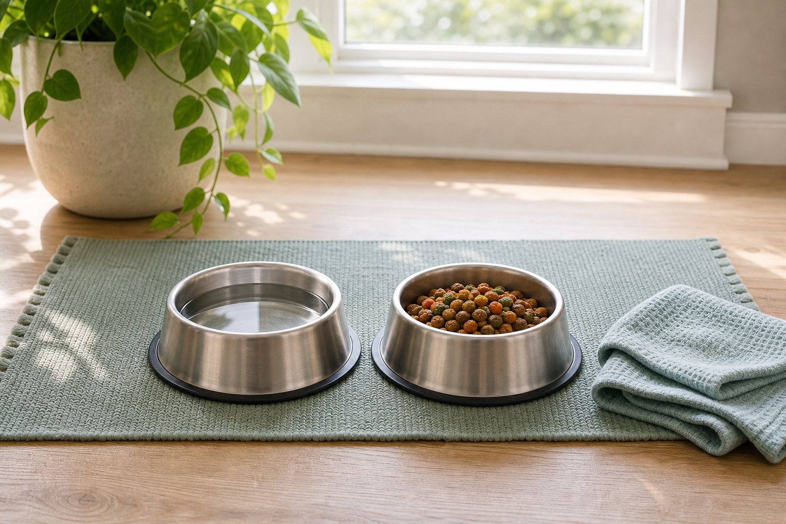 Two matching metal pet bowls on a pale green mat by a window, one filled with water and one filled with food