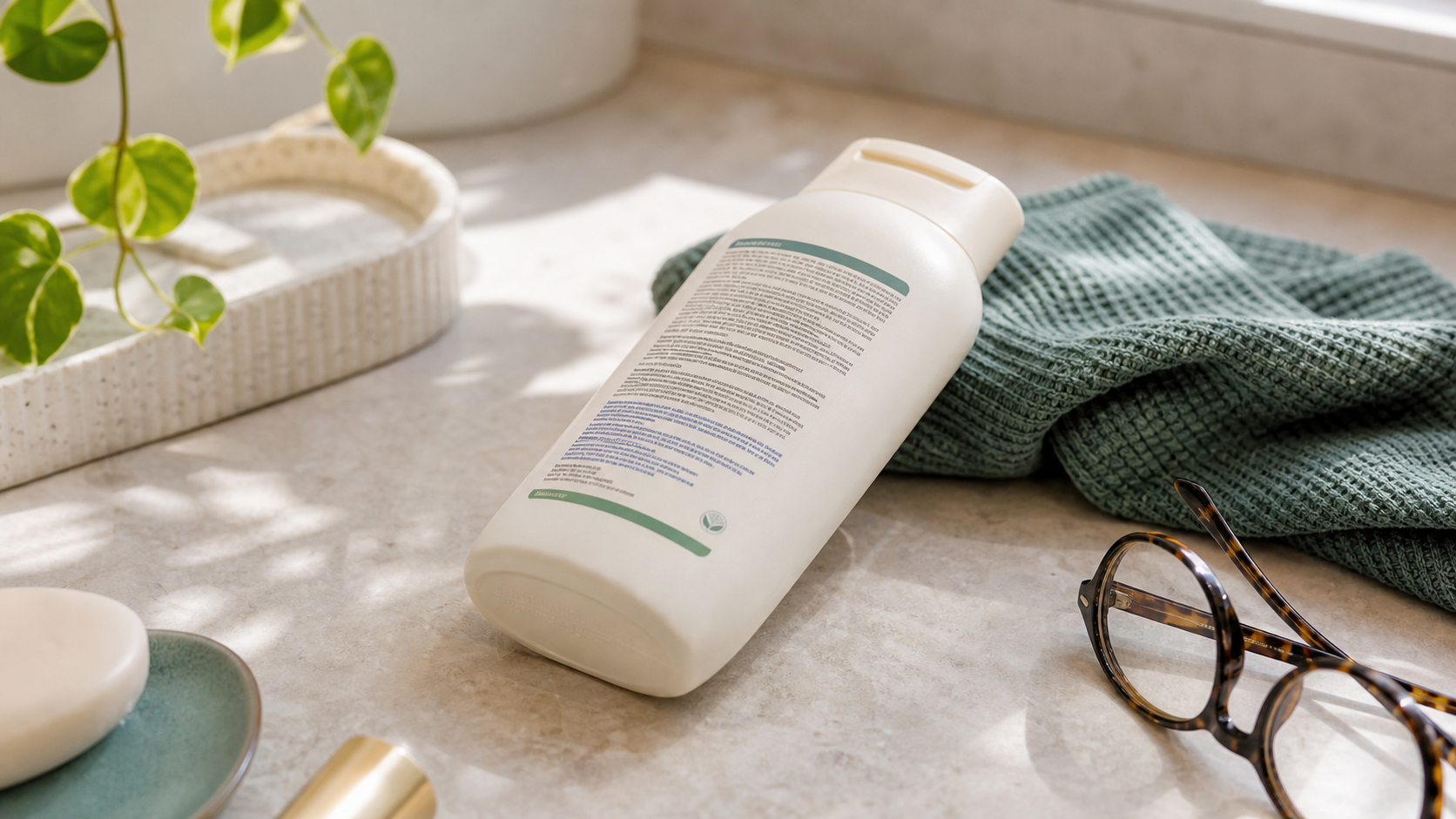 Generic personal care bottle on a bathroom counter with a normal back label visible for checking
