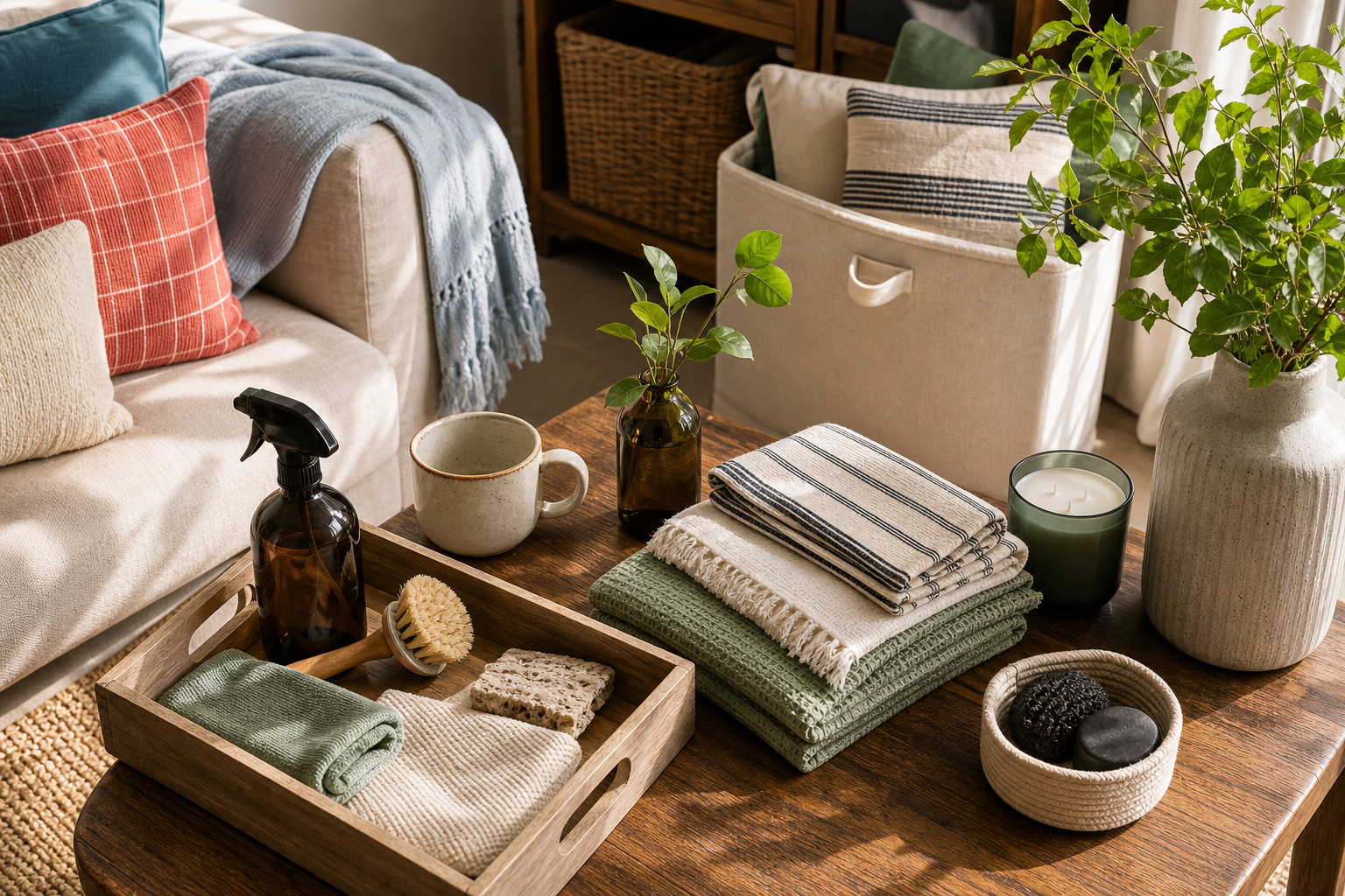 Lived-in home edit scene with textiles, storage, and household objects