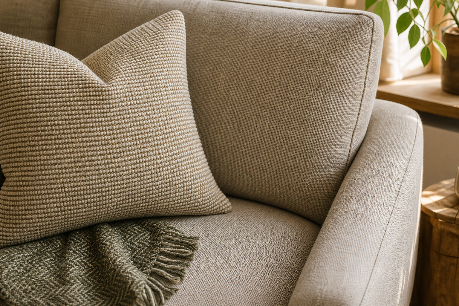 Close detail of fabric sofa weave and textured pillow without measuring tools or hardware