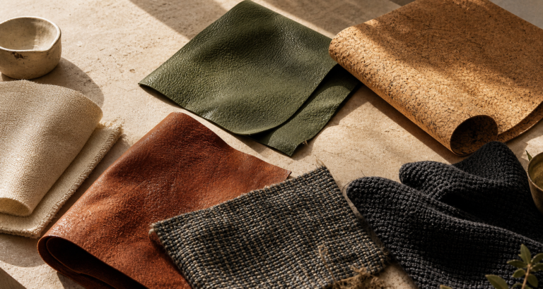 Warm material swatch table with cork, green synthetic material, cream fabric, rust synthetic material, woven textile, and black fabric, with cactus paddles removed
