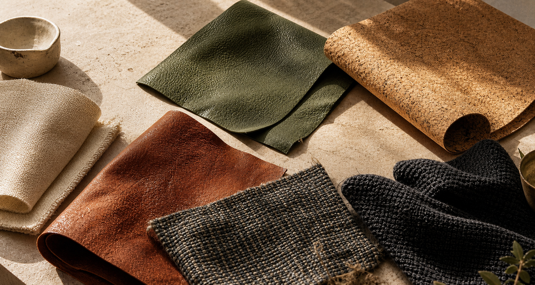 Warm material swatch table with cork, green synthetic material, cream fabric, rust synthetic material, woven textile, and black fabric, with cactus paddles removed