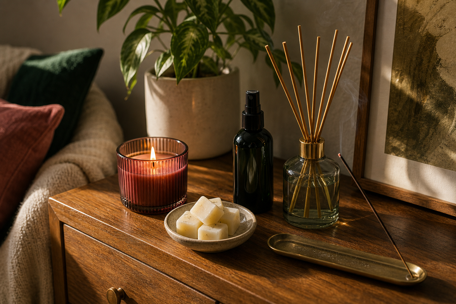 Home fragrance scene with candle, reed diffuser, wax melts, room spray, and incense