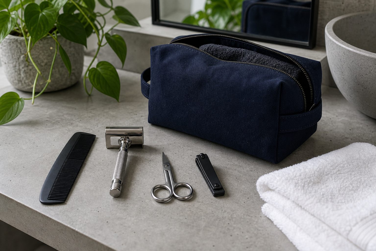 Cool bathroom counter with navy dopp kit, stainless razor, black comb, nail clippers, grooming scissors, and white towel