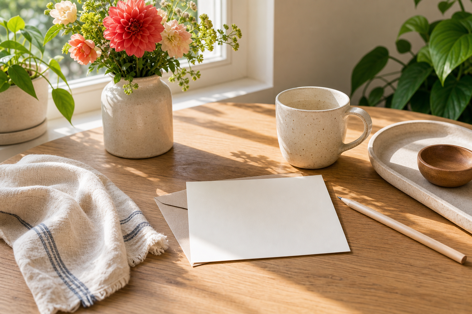 Sunny desk with a blank note card, envelope, mug, pencil, flowers, and folded linen cloth