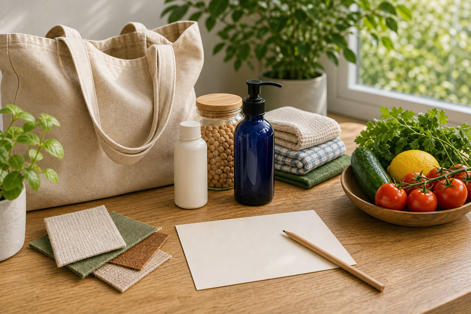 Bright worktable with canvas tote, blank card, label-free lifestyle items, produce, plants, and material swatches