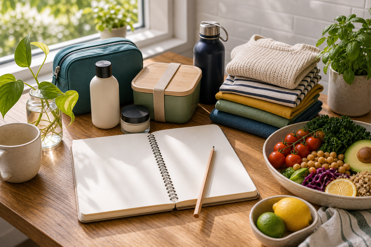 Bright editorial table with blank notebook, produce bowl, folded fabric, label-free bottle, travel pouch, and reusable container