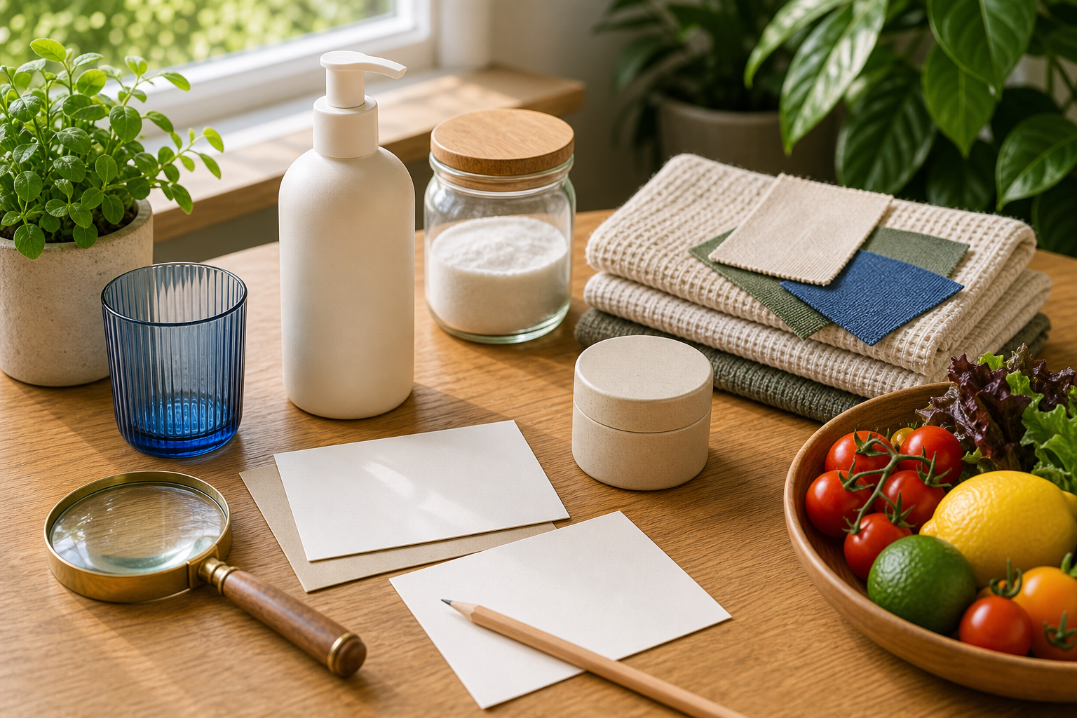 Bright product-consideration table with label-free bottle, blank cards, cloth swatches, magnifying glass, produce, and pencil