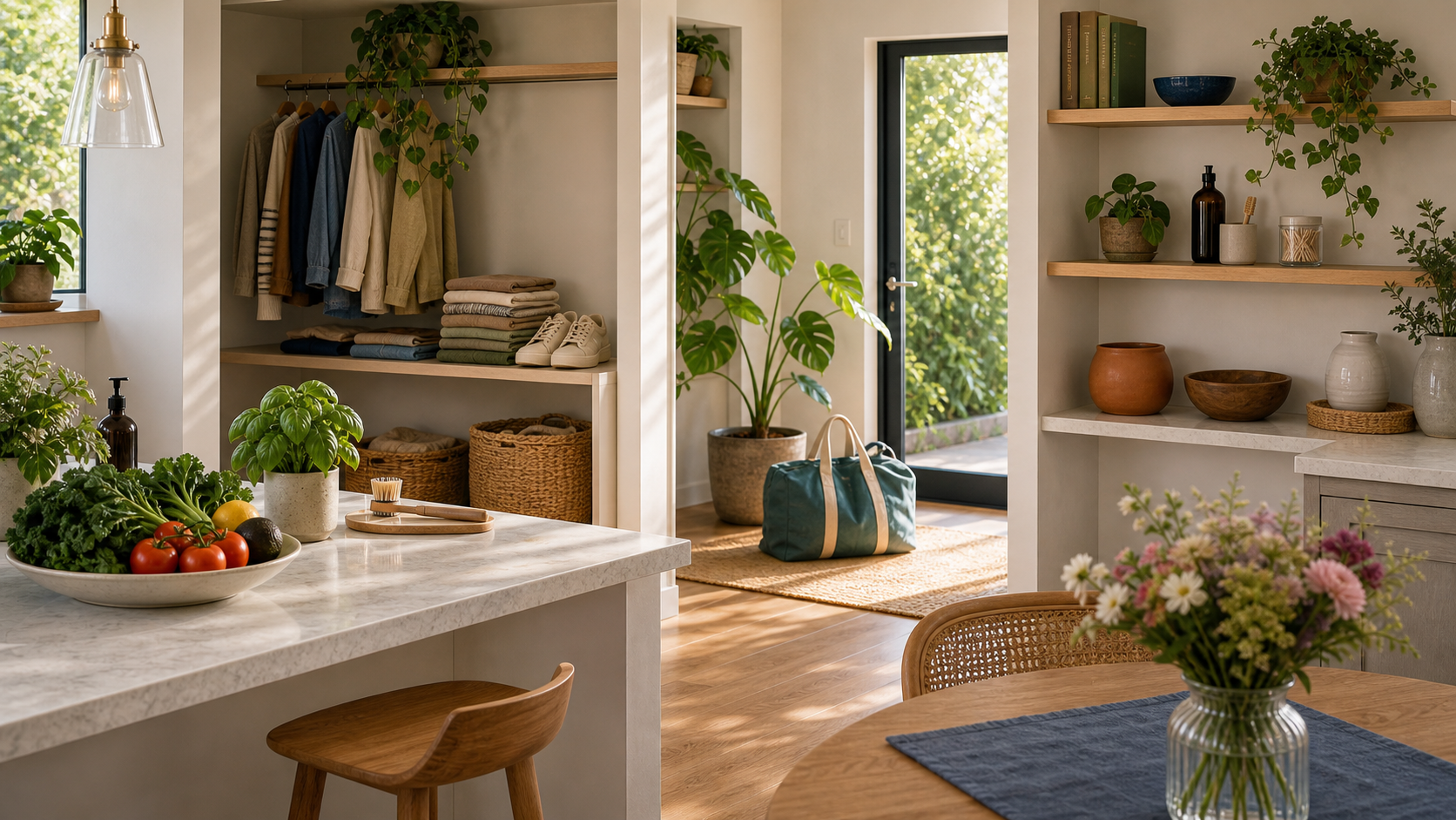 Light-filled home with kitchen produce, clothing, shelves, plants, body care, and travel items integrated into one calm living space