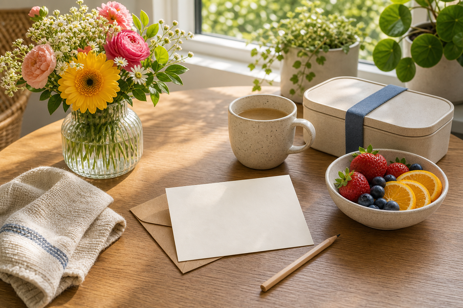 Sunny table with blank note card, envelope, mug, berries, citrus, flowers, pencil, and reusable container