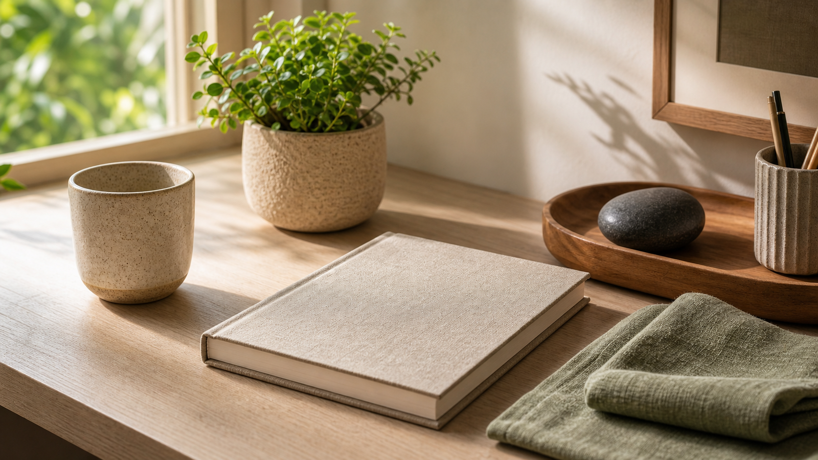 Orderly sunlit desk with plain notebook, ceramic cup, potted plant, wooden tray, stone, and green linen