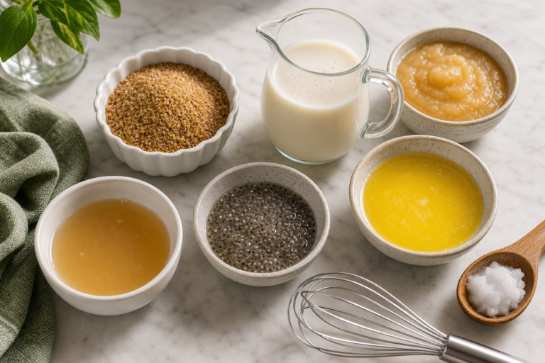 Vegan egg and dairy swap ingredients arranged on a bright kitchen counter