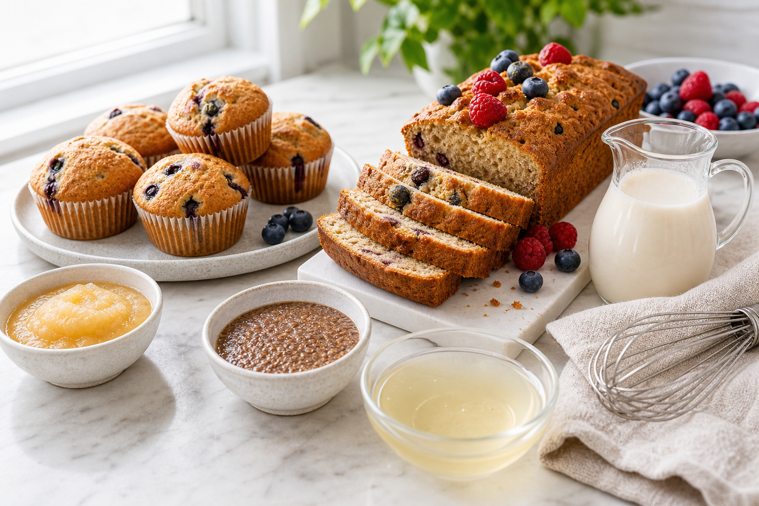 Vegan muffins and loaf cake with thick flax gel, applesauce, plant milk, aquafaba, and berries