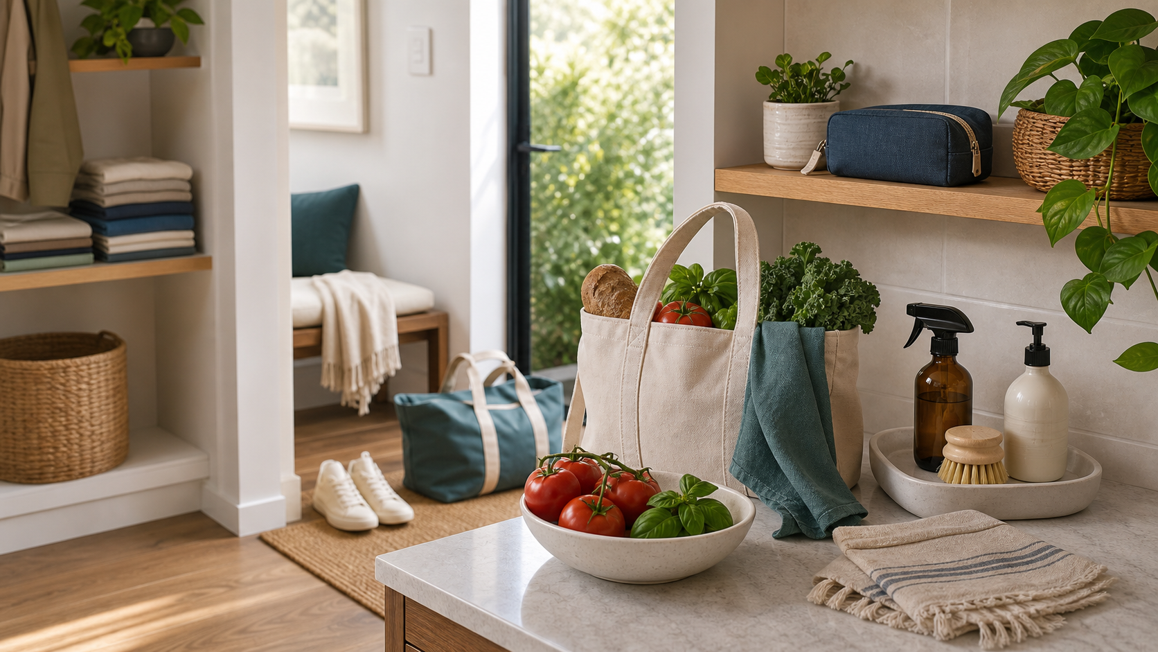 Bright home tabletop with canvas tote, produce, sneakers, body care, household items, folded textiles, and plants