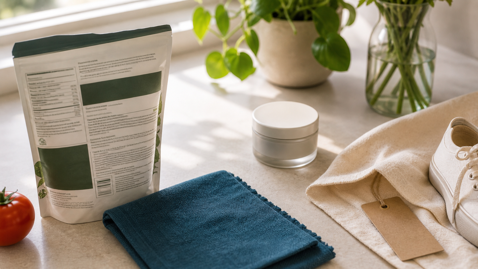 Plain product package with a realistic back label on a bright tabletop with cloth and nearby household items