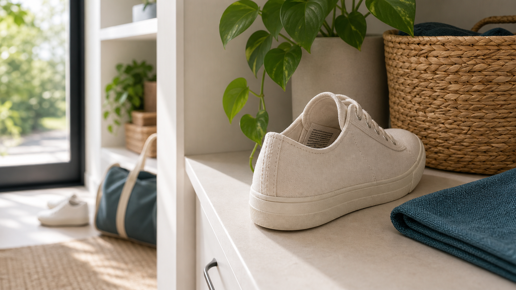 Cream canvas sneaker on a bright shelf with a subtle inside material tag visible