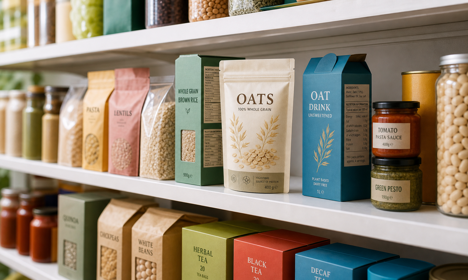 Pantry shelf with realistic labeled products for checking whether items are vegan