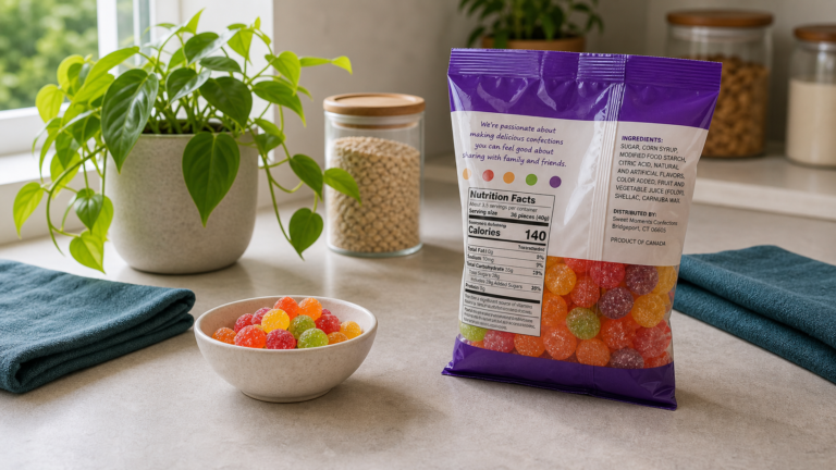 A realistic jelly candy package with ingredient and nutrition labels on the back