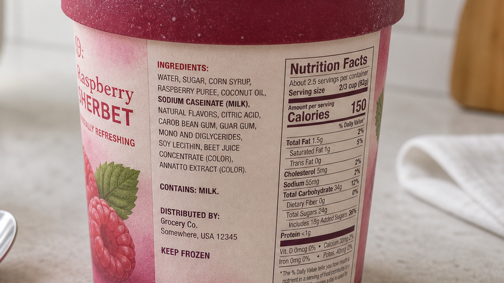 Raspberry sherbet package with a printed ingredient panel listing sodium caseinate milk
