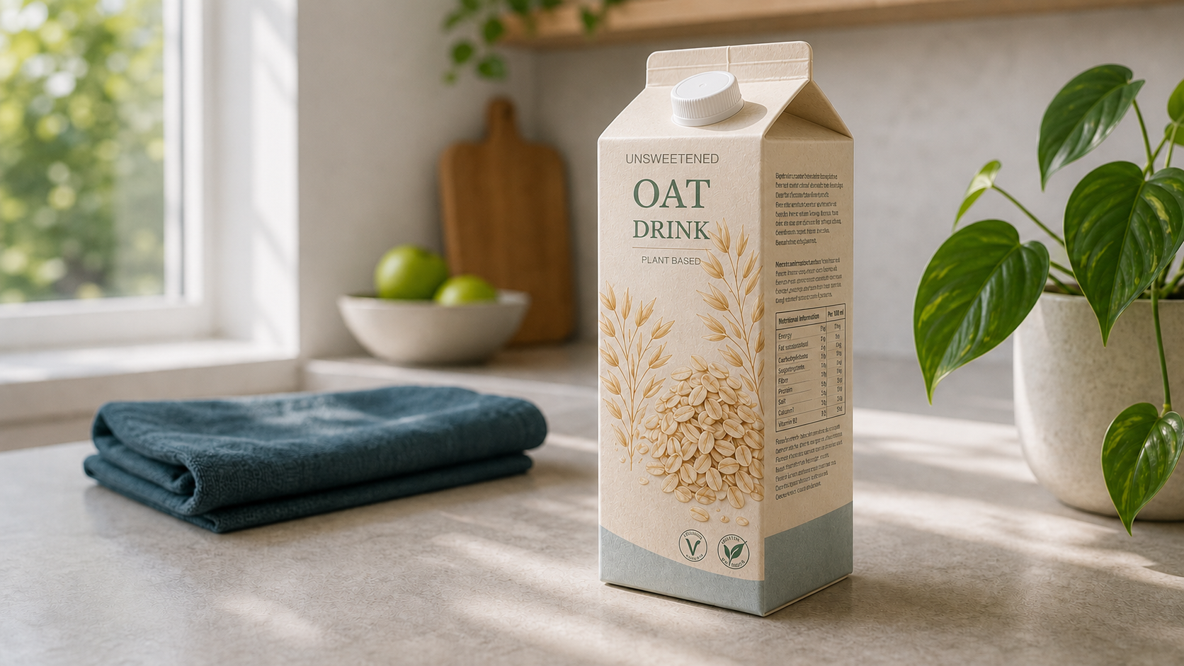 Oat drink carton on a bright counter with front label and side panel visible