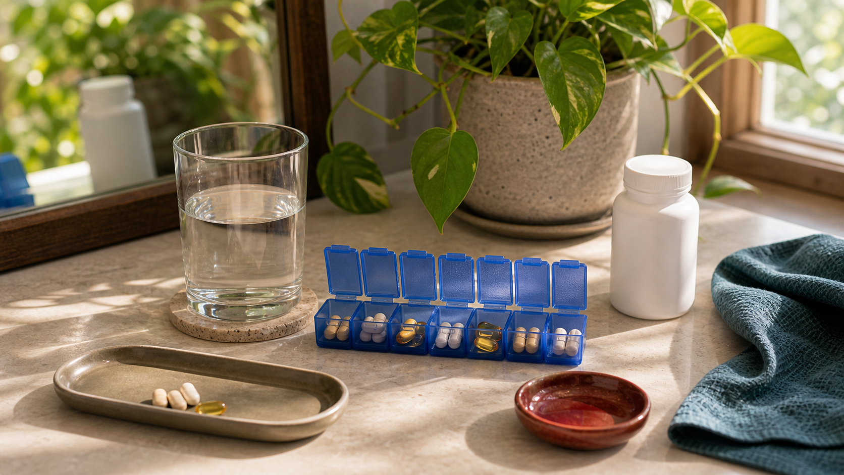 Elegant supplement routine with blue pill organizer, water glass, plain bottle, small tray, red dish, teal cloth, and leafy plant