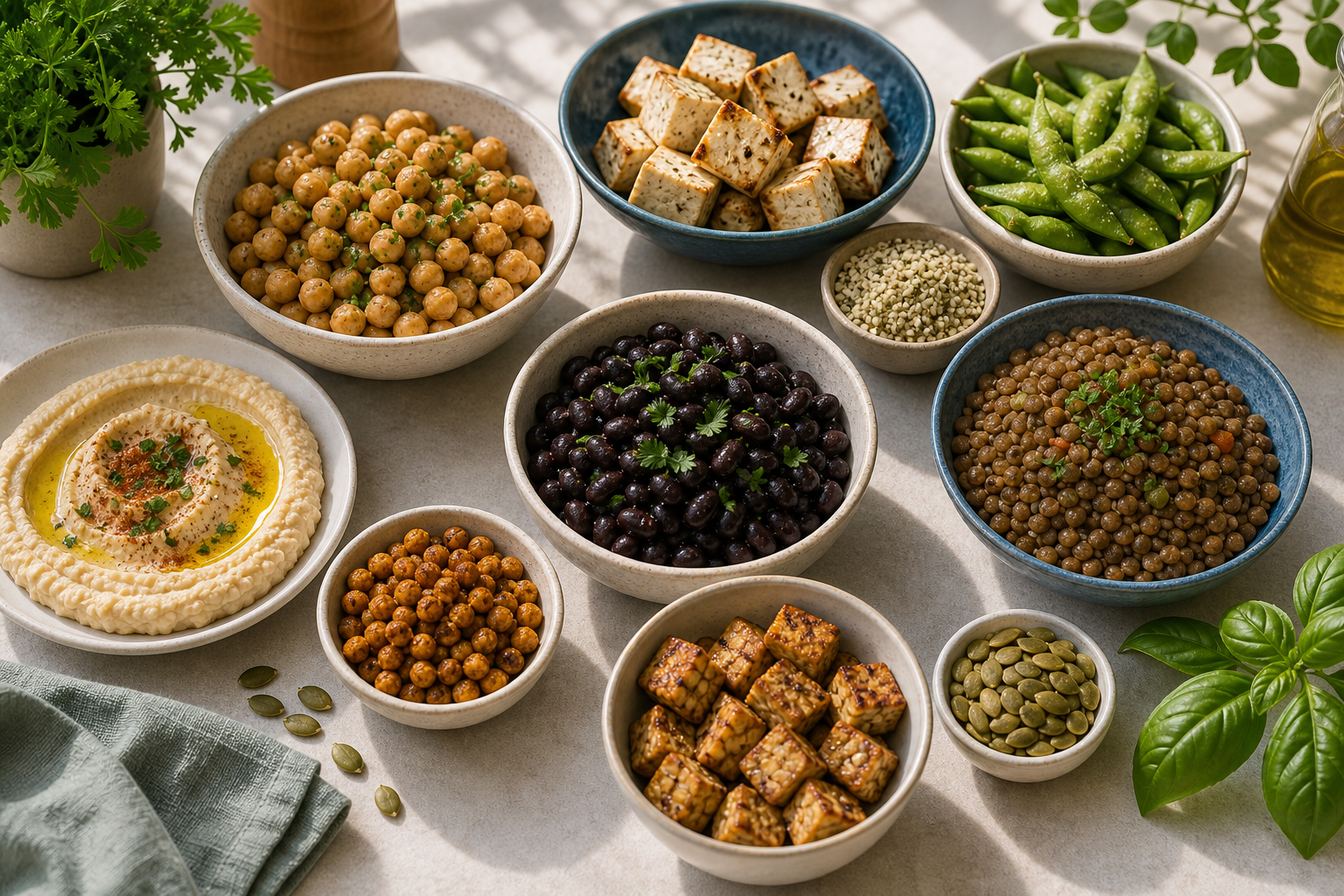 Overhead spread of cooked plant protein sources including chickpeas, tofu, beans, lentils, edamame, hummus, seeds, and herbs