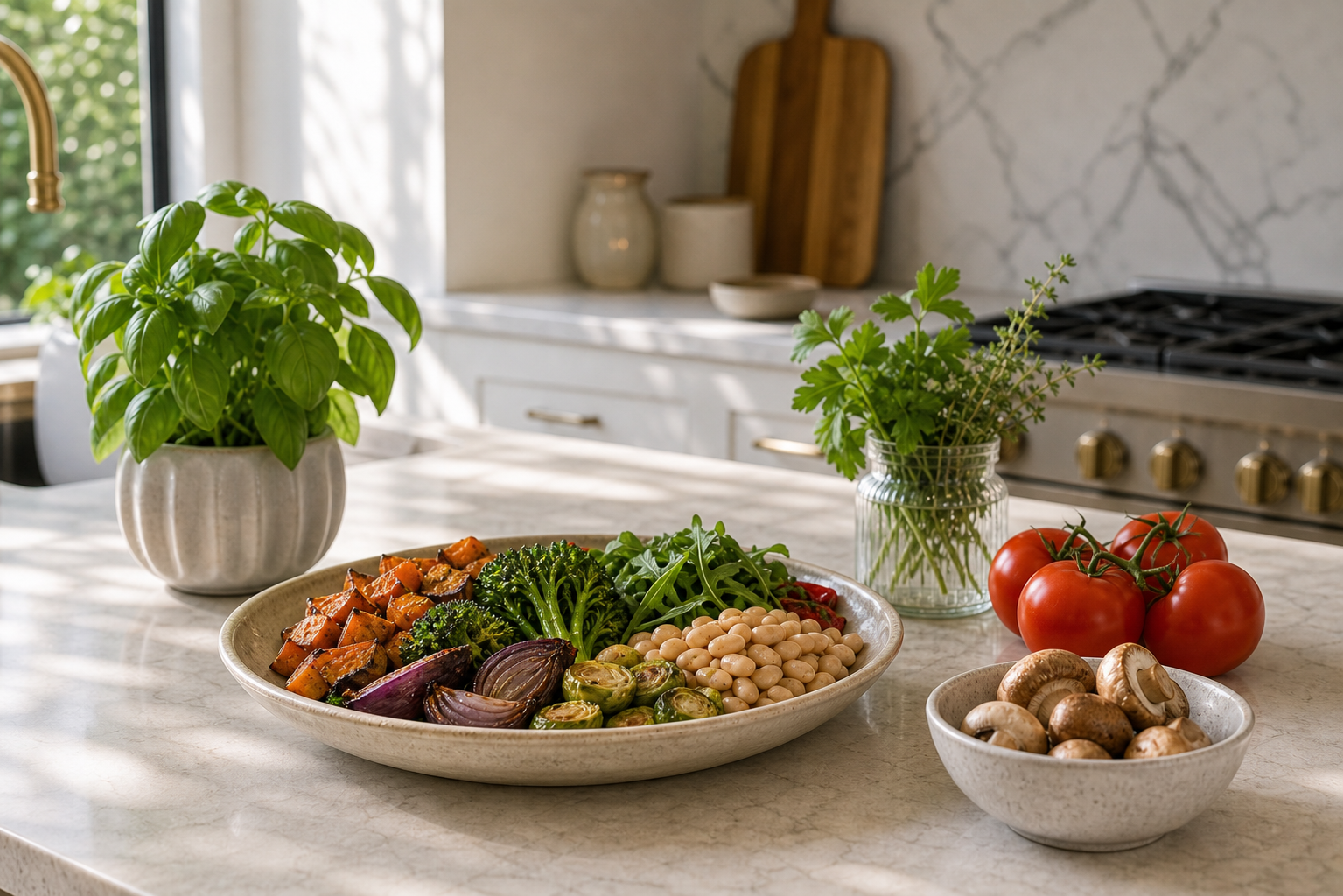 Elegant kitchen counter with roasted vegetables, beans, mushrooms, tomatoes, herbs, plant, and marble backsplash