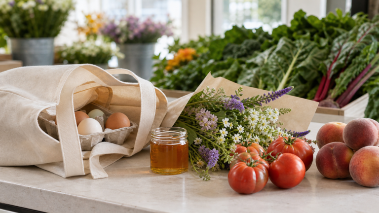 Elegant farmers market counter with canvas tote holding eggs, small honey jar, flowers, tomatoes, peaches, and leafy greens