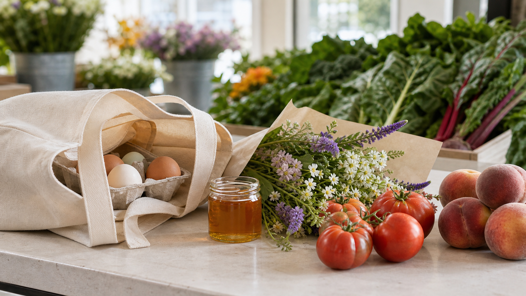 Elegant farmers market counter with canvas tote holding eggs, small honey jar, flowers, tomatoes, peaches, and leafy greens