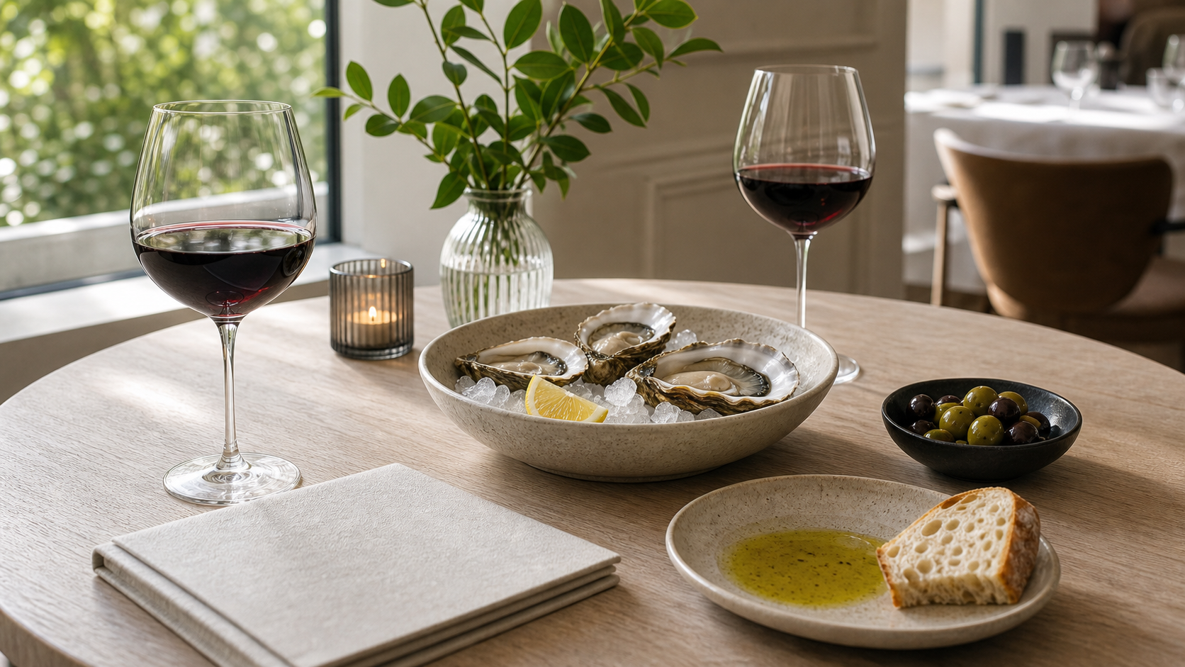Elegant restaurant table with red wine, oysters on ice, olives, bread with olive oil, greenery, and soft daylight